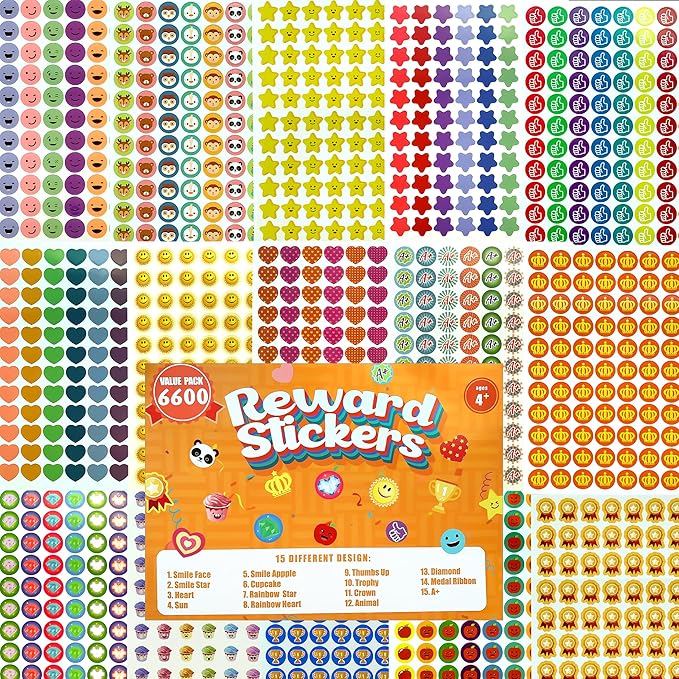 Student Reward Stickers，Teacher Essentials, Teacher Supplies，6600PCS Incentive Stickers，75 Sheets of 15 Different Incentive Stickers，Star Stickers, Star Shaped Stickers (Coloration-1)