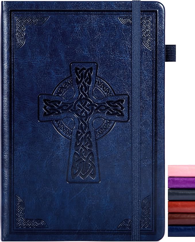 CAGIE Leather Lined Journal Notebook for Men & Women, Debossed Cross, 320 Pages 100 GSM Thick Paper, A5 Hardcover Journaling Notebooks for Writing, 5.7'' X 8.3'' Diary, Navy
