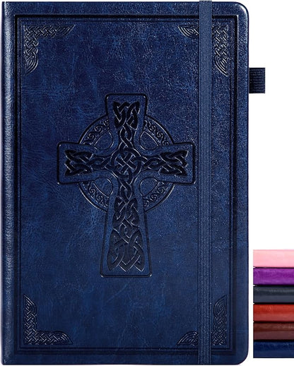 CAGIE Leather Lined Journal Notebook for Men & Women, Debossed Cross, 320 Pages 100 GSM Thick Paper, A5 Hardcover Journaling Notebooks for Writing, 5.7'' X 8.3'' Diary, Navy