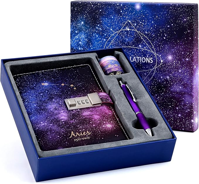 CAGIE Starry Constellation Lock Diary Set Gift Box with Pen & Tapes Secret Diary with Lock for Kids Girls Women Purple Journal Kit with Lock for Anniversary Birthday Holiday （Aries）