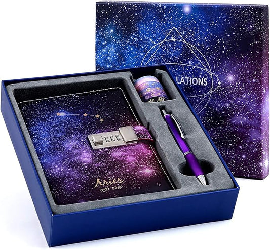 CAGIE Starry Constellation Lock Diary Set Gift Box with Pen & Tapes Secret Diary with Lock for Kids Girls Women Purple Journal Kit with Lock for Anniversary Birthday Holiday （Aries）