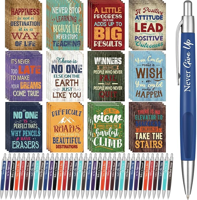 Yeaqee 72 Pcs Motivational Pens Notepads Gifts Set Inspirational Quote Ballpoint Pen Small Notebook Mini Journal Bulk Present Idea for Teacher Coworker Gifts Women Office School(Motivational)