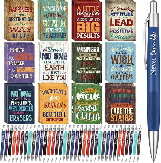Yeaqee 72 Pcs Motivational Pens Notepads Gifts Set Inspirational Quote Ballpoint Pen Small Notebook Mini Journal Bulk Present Idea for Teacher Coworker Gifts Women Office School(Motivational)