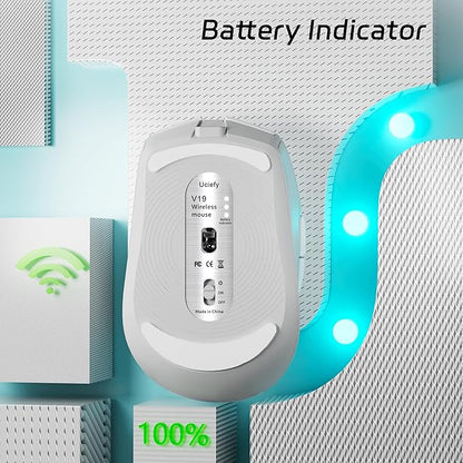 Uciefy V19 Wireless Mouse, 2.4GHz Rechargeable Mouse LED with Battery Indicator, Magnetic Computer Mice with USB Receiver & Type-C Adapter for Laptop/PC/Mac/Chromebook-White