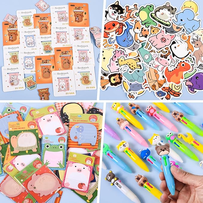170 Pcs Cute Return Gifts Party Favors Supplies, Birthdays Gifts from Teacher, Cute Cartoon Animal Stationery Set for Classroom Gifts, with Goodie Bags School Classroom Rewards.