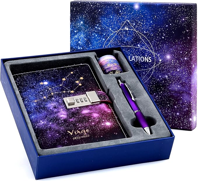 CAGIE Starry Constellation Lock Diary Set Gift Box with Pen & Tapes Secret Diary with Lock for Kids Girls Women Purple Journal Kit with Lock for Anniversary Birthday Holiday（Virgo）