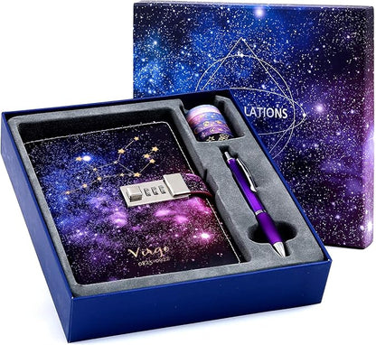 CAGIE Starry Constellation Lock Diary Set Gift Box with Pen & Tapes Secret Diary with Lock for Kids Girls Women Purple Journal Kit with Lock for Anniversary Birthday Holiday（Virgo）