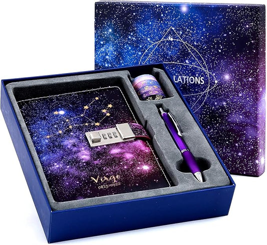 CAGIE Starry Constellation Lock Diary Set Gift Box with Pen & Tapes Secret Diary with Lock for Kids Girls Women Purple Journal Kit with Lock for Anniversary Birthday Holiday（Virgo）