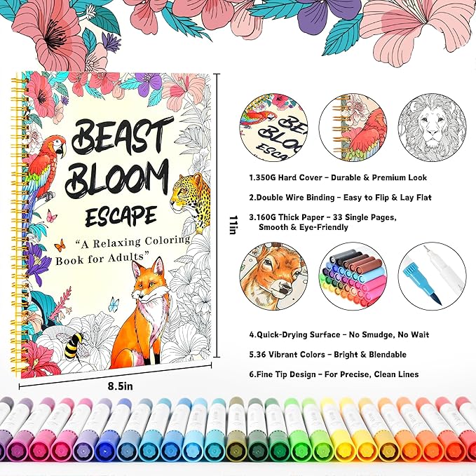Adult Coloring Book Set with 36 Dual-Tip Markers, 32 Floral & Animal Pages, Spiral Bound Gifts for Adults Relaxation, Creative Christmas Gifts for Women and Loved Ones