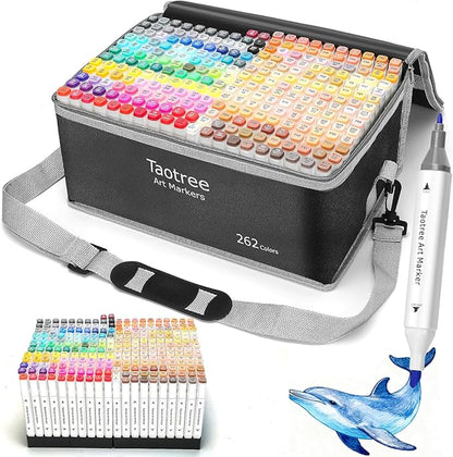 Taotree Alcohol Markers 262 Colors with Case & Holders, Dual Tips Art Coloring Markers Pens, Chisel & Fine Sketch Pens Art Supplies for Artist Kids Adult Coloring Books Drawing, Painting, Sketching