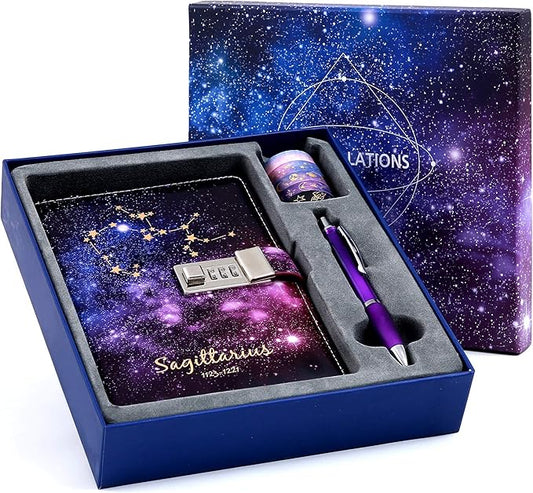 CAGIE Starry Constellation Lock Diary Set Gift Box with Pen & Tapes Secret Diary with Lock for Kids Girls Women Purple Journal Kit with Lock for Anniversary Birthday Holiday Sagittarius