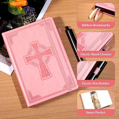 CAGIE Leather Lined Journal Notebook for Men & Women, Debossed Cross, 320 Pages 100 GSM Thick Paper, A5 Hardcover Journaling Notebooks for Writing, 5.7'' X 8.3'' Diary, Pink