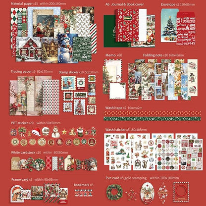 Draupnir Christmas Scrapbooking Supplies Kit,New Year Festival Aesthetic Scrapbook Stickers Kit for Junk Journal,Stationery,Bullet A6 Grid Notebook DIY Scrapbook Craft Christma Gift for Teen Girl Kid