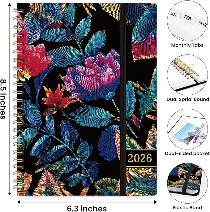 2026 Planner, Weekly and Monthly Planner for Women, Jan 2026 - Dec 2026 Pretty 2026 Calendar Planner with Monthly Tabs, Inner Pocket, Spiral Binding, Perfect for Office Home School - 6.3" x 8.5", Neon Tropics