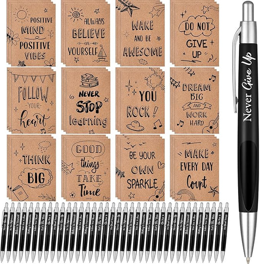 Yeaqee 72 Pcs Motivational Pens Notepads Gifts Set Inspirational Quote Ballpoint Pen Small Notebook Mini Journal Bulk Present Idea for Teacher Coworker Gifts Women Office School(Positive)