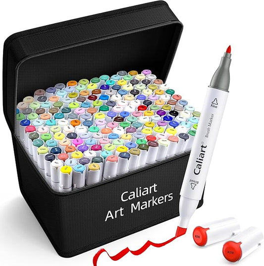 Caliart Alcohol Based Markers, 180 Colors Art Marker Set Fine & Chisel Dual Tip, Permanent Colored Pens for Adults Coloring Book Artists Illustration Sketch Lettering Drawing Cards Planner
