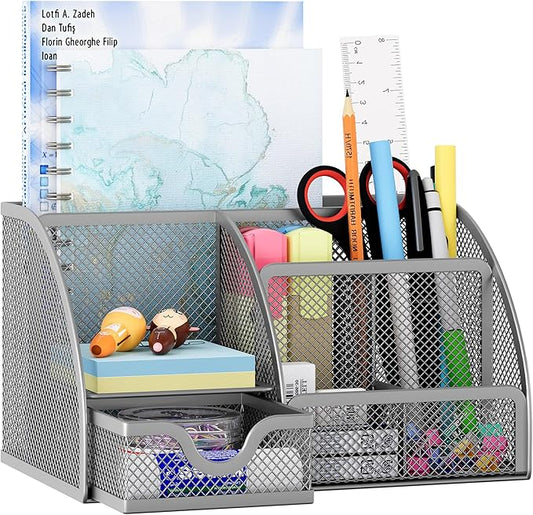 EasyPAG Mesh Desk Organizer with Drawer Multi-functional Pen Holder Stationery Organizer for Office School Supplies 6 Compartments Dorm Organizers and Storage for Desk, Silver