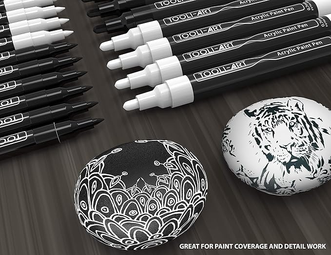 TOOLI-ART Black And White Acrylic Paint Markers Paint Pens Set For Rock Painting, Canvas, Mugs, Metal, Glass Paint, Fabric, Wood, DIY. Non Toxic, Quick Dry,Waterbas (EXTRA FINE & MEDIUM)