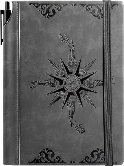 CAGIE Compass Leather Notebook Journal for Men, 100 GSM 288 Pages Lined Journals for Writing, A5 Hardcover Journaling Notebooks Gift Set with Pen for Travel Office Daily Writing