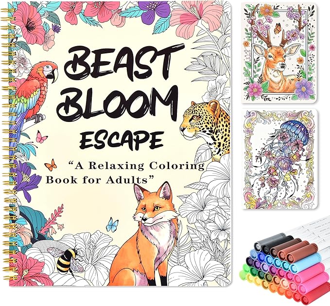 Adult Coloring Book Set with 36 Dual-Tip Markers, 32 Floral & Animal Pages, Spiral Bound Gifts for Adults Relaxation, Creative Christmas Gifts for Women and Loved Ones