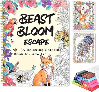 Adult Coloring Book Set with 36 Dual-Tip Markers, 32 Floral & Animal Pages, Spiral Bound Gifts for Adults Relaxation, Creative Christmas Gifts for Women and Loved Ones