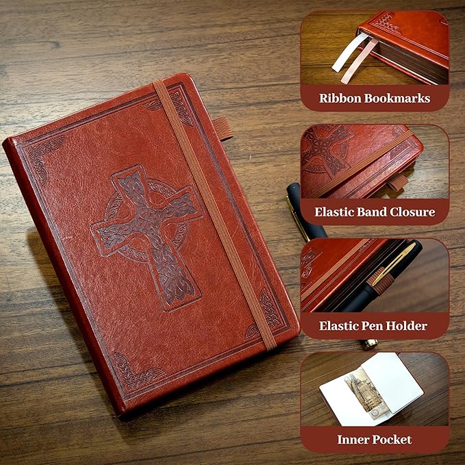 CAGIE Leather Lined Journal Notebook for Men & Women, Debossed Cross, 320 Pages 100 GSM Thick Paper, A5 Hardcover Journaling Notebooks for Writing, 5.7'' X 8.3'' Diary, Rust Brown
