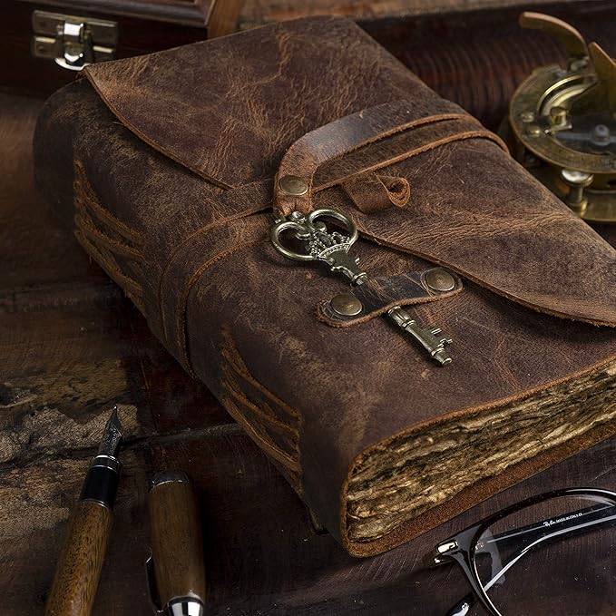 Vintage Leather Journal - Antique Handmade Deckle Edge Vintage Paper Leather Bound Journal - Book of Shadows Journal - Leather Sketchbook - Drawing Journal - Great Gift (Red Brown, 11.5"x8.25")