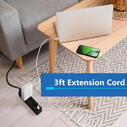 LIDER Outlet Extender with 3 Receptacles, 21W USB Type-A, and 2 USB Type-C, Ultra-Thin Wall Plate Plug with Cord Extender, 3-Outlet Power Strip, Flat-Face, Slim Design, ETL-Listed, 3ft Cord, Black