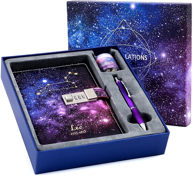 CAGIE Starry Constellation Lock Diary Set Gift Box with Pen & Tapes Secret Diary with Lock for Kids Girls Women Purple Journal Kit with Lock for Anniversary Birthday Holiday（Leo）
