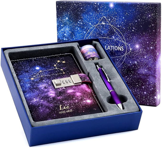 CAGIE Starry Constellation Lock Diary Set Gift Box with Pen & Tapes Secret Diary with Lock for Kids Girls Women Purple Journal Kit with Lock for Anniversary Birthday Holiday（Leo）