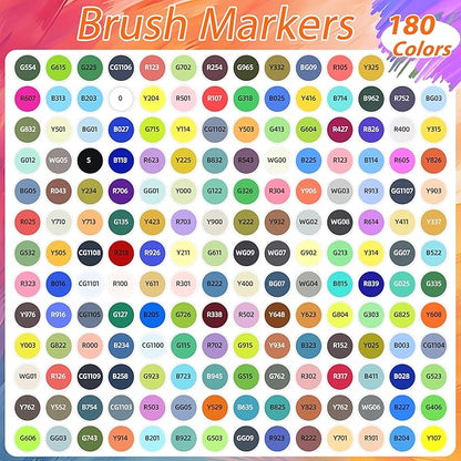 Caliart 180 Colors Alcohol Markers Brush Tip, Dual Tip Artists Coloring Markers Set Brush & Fine, Permanent Alcohol Based Colored Sketch Pens, Art Supplies Gifts for Adults Illustration Drawing