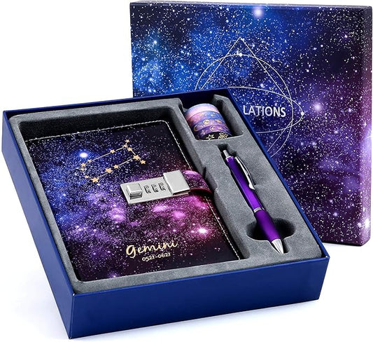 CAGIE Starry Constellation Lock Diary Set Gift Box with Pen & Tapes Secret Diary with Lock for Kids Girls Women Purple Journal Kit with Lock for Anniversary Birthday Holiday（Gemini）