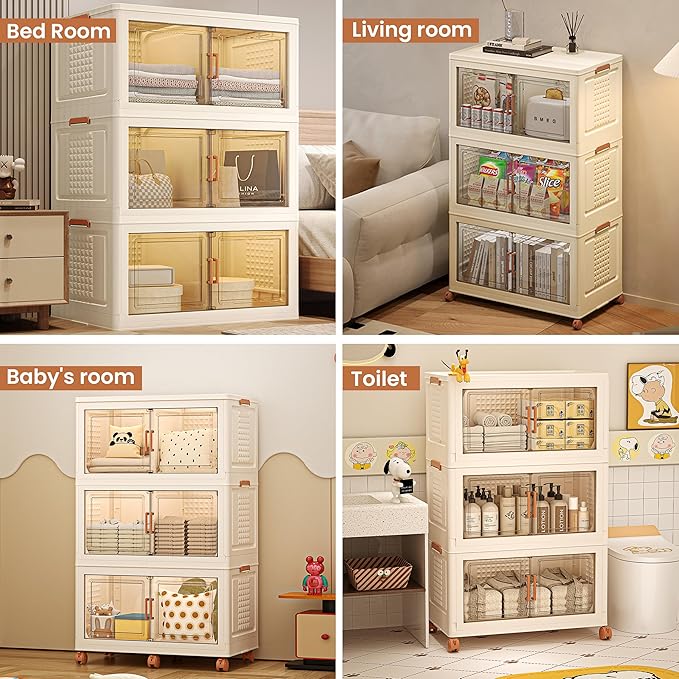 FINCHESCLUB 568QT Large Stackable Storage Bins with Lids, 141Gal Foldable Storage Bins with Doors and Wheels, Collapsible Closet Organizers for Home Office, Christmas Gifts - 3 Pack - Off White