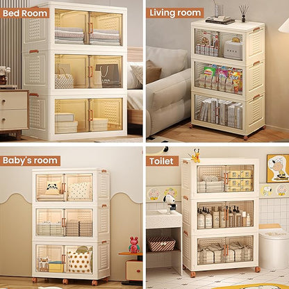 FINCHESCLUB 568QT Large Stackable Storage Bins with Lids, 141Gal Foldable Storage Bins with Doors and Wheels, Collapsible Closet Organizers for Home Office, Christmas Gifts - 3 Pack - Off White