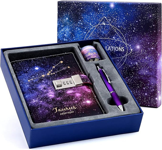 CAGIE Starry Constellation Lock Diary Set Gift Box with Pen & Tapes Secret Diary with Lock for Kids Girls Women Purple Journal Kit with Lock for Anniversary Birthday Holiday（Taurus）