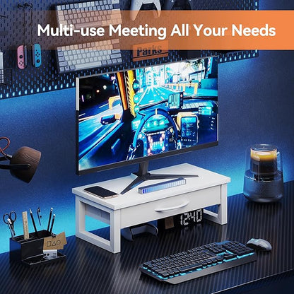 Desk Organizers and Accessories, Computer Monitor Stand Riser with Drawer, White Laptop Stand for Desk with Storage, Office Organization, Wood