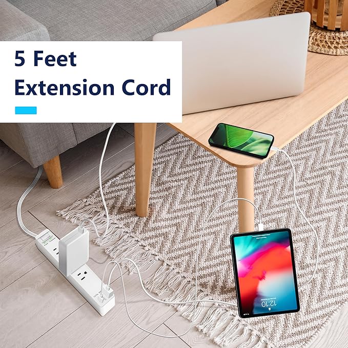 LIDER PD 36W Surge Protected Outlet Extender with 4-Outlet Power Strip, 1 USB Type-A, and 1 Type-C Port, 5ft, Up to 1500J, LED Indicator, ON/Off Switch, Flat-Plug, 45-Degree Angle, UL-Listed, White