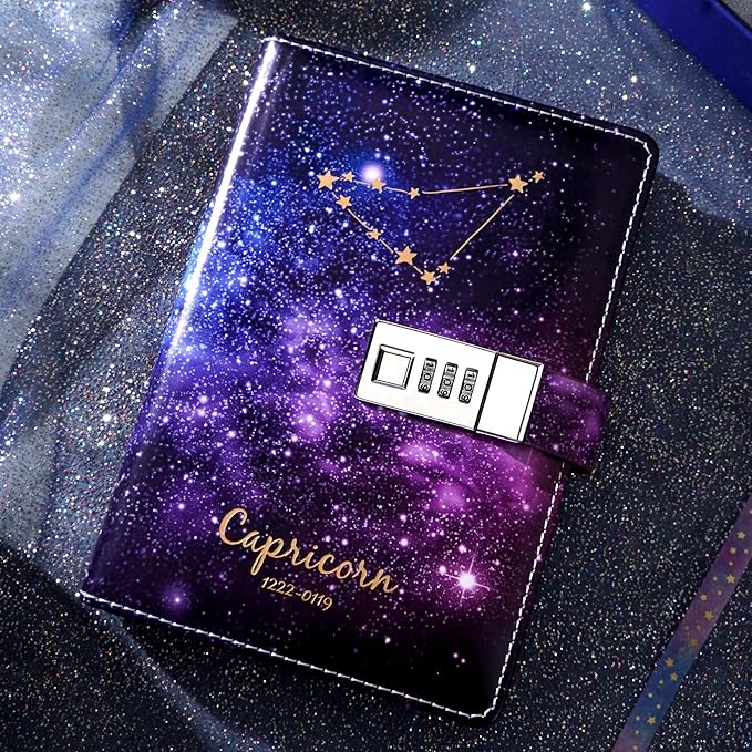 CAGIE Starry Constellation Lock Diary Set Gift Box with Pen & Tapes Secret Diary with Lock for Kids Girls Women Purple Journal Kit with Lock for Anniversary Birthday Holiday（Capricorn）