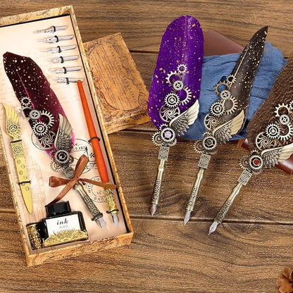 Quill Pen Calligraphy Set, Antique Mechanical Steampunk Style Feather Pen Includes 1 Wooden Dip Pen, 8 Nibs, 1 Bottle of Ink, 1 Letter Opener, 1 Base (Gray)