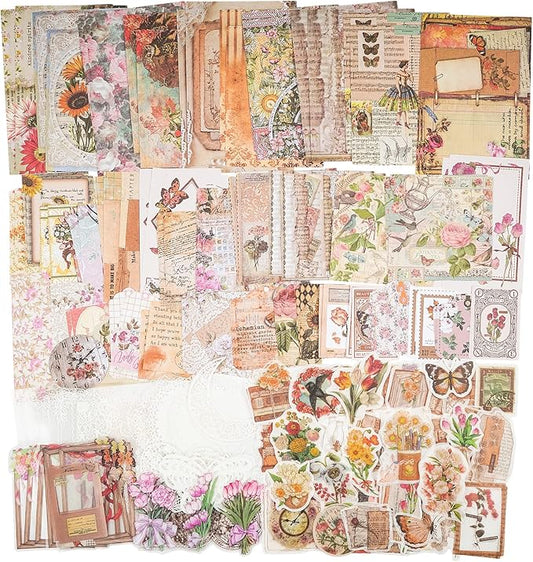Knaid 200 Piece Vintage Ephemera Bundle - Paper & Sticker Kit for Junk Journaling, Scrapbooking, Planners, Bullet Journals, Collage, Decoupage - Cottagecore Themed - Pastel/Earthy Tones