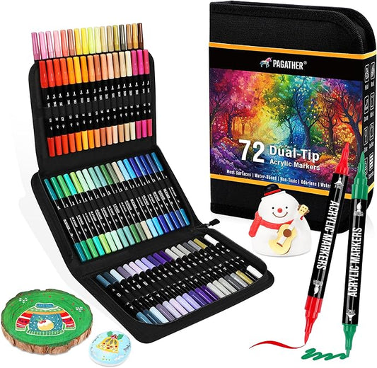 72 Colors Acrylic Paint Markers, Dual Tip with Fine Tip and Brush Tip Pens for Stone, Wood, Calligraphy, Canvas, Ceramic, Metal, Glass, Rock Painting, DIY Crafts Art Supplies Kit