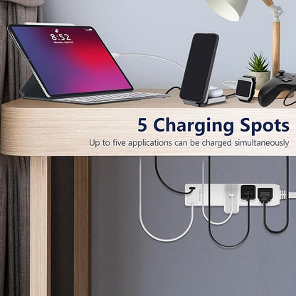 LIDER Outlet Extender with 3 Receptacles, 12W USB Type-A, and USB Type-C, USB Port, Ultra-Thin Wall Plate Plug with Cord Extender, 3-Outlet Power Strip, Flat-Face, ETL-Listed, 3ft Cord, White
