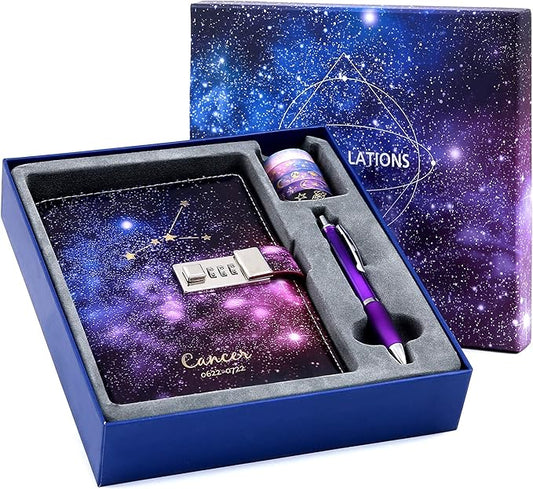 CAGIE Starry Constellation Lock Diary Set Gift Box with Pen & Tapes Secret Diary with Lock for Kids Girls Women Purple Journal Kit with Lock for Anniversary Birthday Holiday （Cancer）