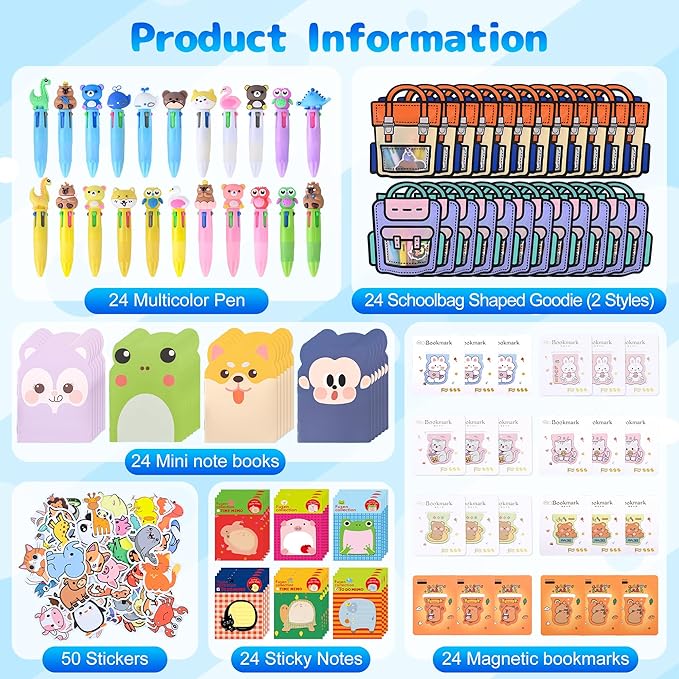 170 Pcs Cute Return Gifts Party Favors Supplies, Birthdays Gifts from Teacher, Cute Cartoon Animal Stationery Set for Classroom Gifts, with Goodie Bags School Classroom Rewards.