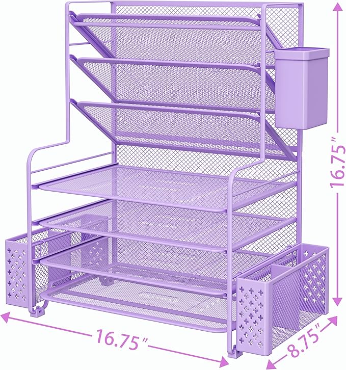 Simple Trending 7 Tier Desk File Organizer, Letter Tray Paper Organizer with Pen Holder and Metal Hanging Basket, Purple