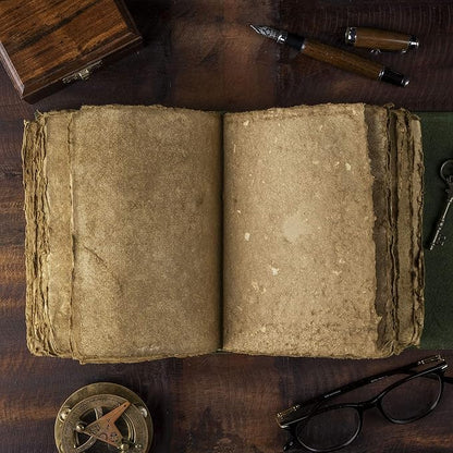 Vintage Leather Journal - Antique Handmade Deckle Edge Vintage Paper Leather Bound Journal - Book of Shadows Journal - Leather Sketchbook - Drawing Journal - Great Gift (Green, 7.5"x5.5")