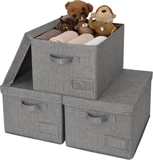 GRANNY SAYS Storage Bins with Lids, Linen Closet Organizers and Storage Baskets for Shelves, Storage Containers for Closet Organization, Large Bins for Storage, Dark Gray, 3-Pack