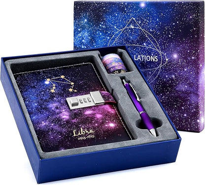 CAGIE Starry Constellation Lock Diary Set Gift Box with Pen & Tapes Secret Diary with Lock for Kids Girls Women Purple Journal Kit with Lock for Anniversary Birthday Holiday （Libra）
