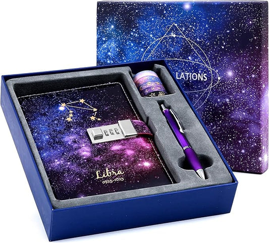 CAGIE Starry Constellation Lock Diary Set Gift Box with Pen & Tapes Secret Diary with Lock for Kids Girls Women Purple Journal Kit with Lock for Anniversary Birthday Holiday （Libra）