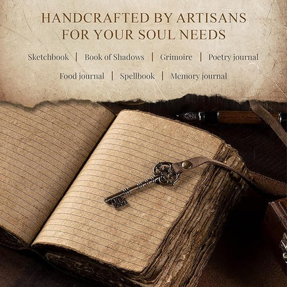 Vintage Leather Journal Lined Pages with Key - Antique Handmade Deckle Edge Vintage Paper Leather Bound Journal - Book of Shadows Journal - Leather Sketchbook - Drawing Journal - Great Gift